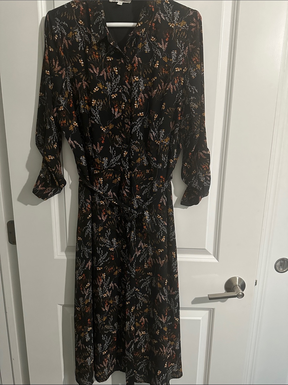 Floral Button-Front Black Midi Dress